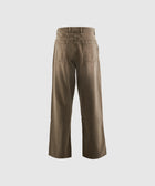 Back view of wide-leg brown denim jeans with embroidered pocket detail
