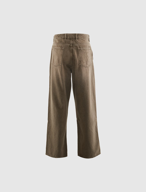 Back view of wide-leg brown denim jeans with embroidered pocket detail