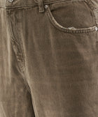 Close-up of brown corduroy pants with frayed pocket detail and metal button