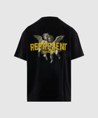 Black streetwear t-shirt back with yellow REPRESENT ENGLAND text and cherub graphic
