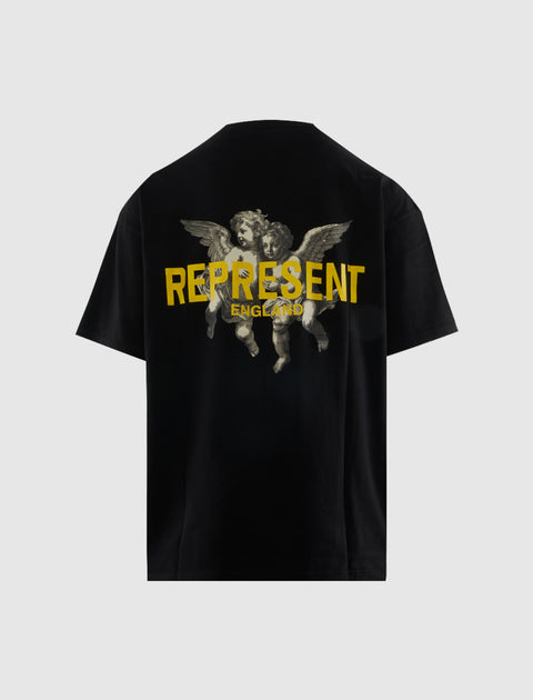 Black streetwear t-shirt back with yellow REPRESENT ENGLAND text and cherub graphic