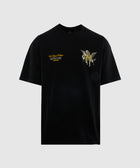 Black men's streetwear t-shirt with yellow text and winged cherub graphic on front