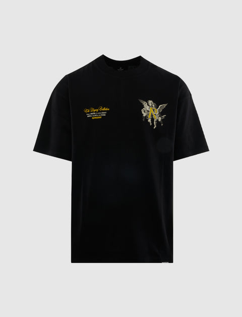 Black men's streetwear t-shirt with yellow text and winged cherub graphic on front