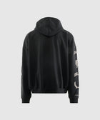 Back view of a black streetwear hoodie with graphic text and logos on the sleeves
