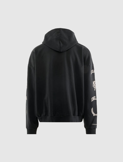 Back view of a black streetwear hoodie with graphic text and logos on the sleeves