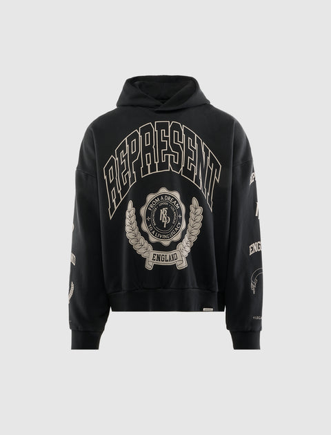 Black streetwear hoodie with bold 'REPRESENT' lettering and England crest graphic on front