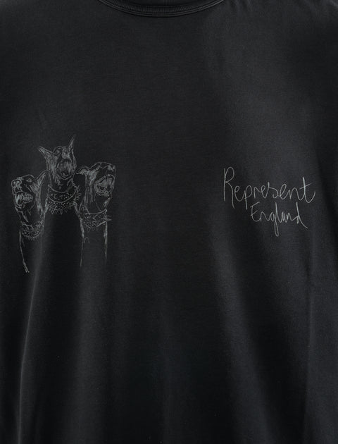 Black streetwear t-shirt with three dog graphic and 'Represent England' text detail