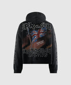 Black streetwear hoodie with Iron Maiden graphics, Union Jack flag, and bold lettering on back.