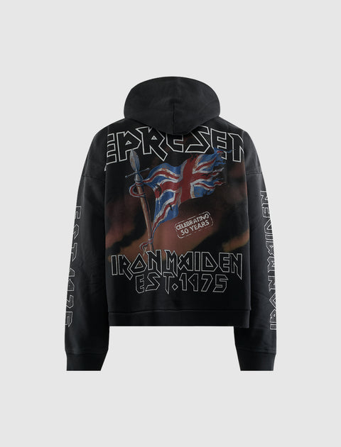 Black streetwear hoodie with Iron Maiden graphics, Union Jack flag, and bold lettering on back.