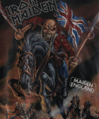 Iron Maiden graphic tee featuring mascot Eddie on horseback holding British flag in battle scene