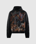 Black graphic hoodie with Iron Maiden artwork, front and sleeve prints, men's streetwear
