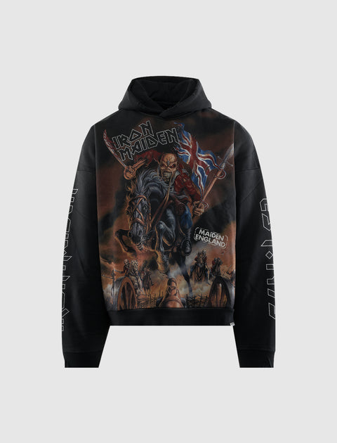 Black graphic hoodie with Iron Maiden artwork, front and sleeve prints, men's streetwear