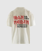 Back view of a white Iron Maiden 50th anniversary graphic streetwear t-shirt