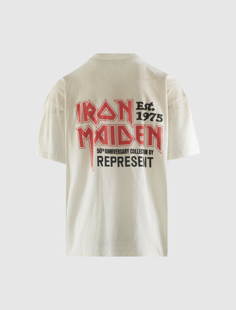 Back view of a white Iron Maiden 50th anniversary graphic streetwear t-shirt