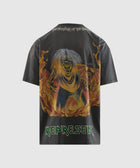 Black graphic streetwear t-shirt with flaming skeleton and bold 'Represent' lettering on back