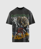 Black graphic streetwear t-shirt featuring Iron Maiden artwork and bold colorful print.
