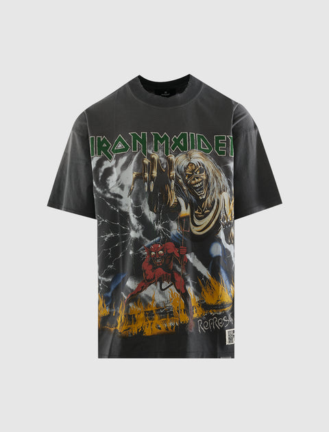 Black graphic streetwear t-shirt featuring Iron Maiden artwork and bold colorful print.