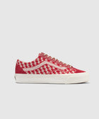 Red and white patterned low-top sneaker with white sole, men's streetwear footwear