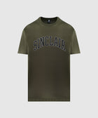 Olive green graphic tee with SINCLAIR text, men's streetwear short sleeve shirt