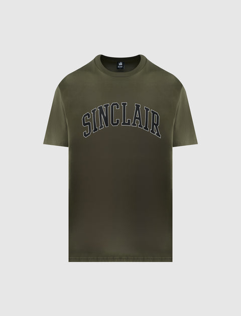 Olive green graphic tee with SINCLAIR text, men's streetwear short sleeve shirt