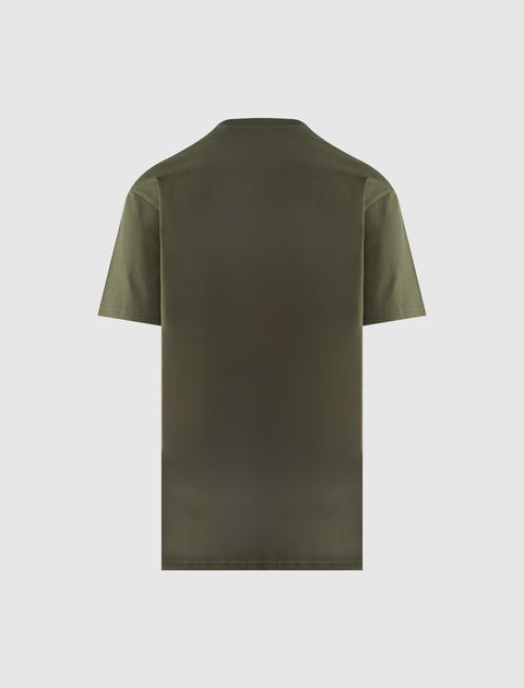 Back view of olive green short sleeve streetwear t-shirt on white background