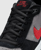 Close-up of black and grey suede sneaker with red Nike SB logo and red swoosh