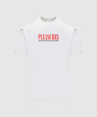 White men's streetwear t-shirt with red "PLEASURES" and black "SATISFACTION GUARANTEED" text