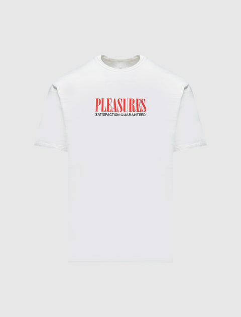 White men's streetwear t-shirt with red "PLEASURES" and black "SATISFACTION GUARANTEED" text