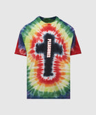 Men's tie-dye t-shirt with multicolor spiral and bold cross graphic, streetwear style