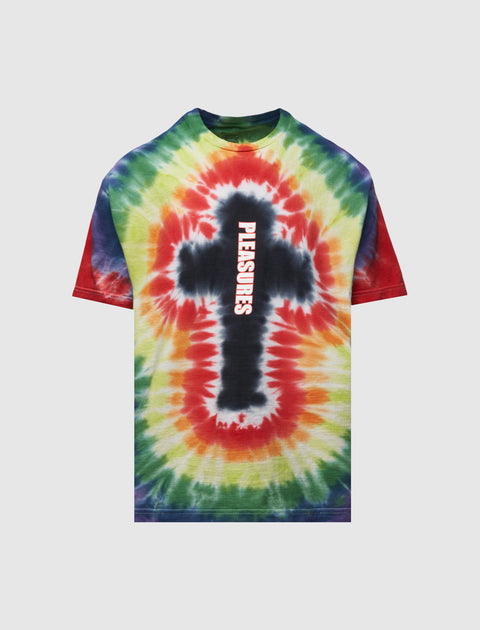 Men's tie-dye t-shirt with multicolor spiral and bold cross graphic, streetwear style