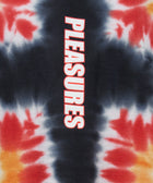 Red and black tie-dye shirt with vertical 'PLEASURES' graphic on the front