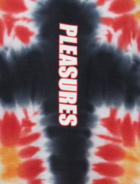 Red and black tie-dye shirt with vertical 'PLEASURES' graphic on the front