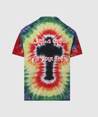 Colorful tie-dye t-shirt featuring cross design and 'Jesus dyed for your Tees' text on back.
