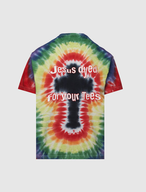 Colorful tie-dye t-shirt featuring cross design and 'Jesus dyed for your Tees' text on back.