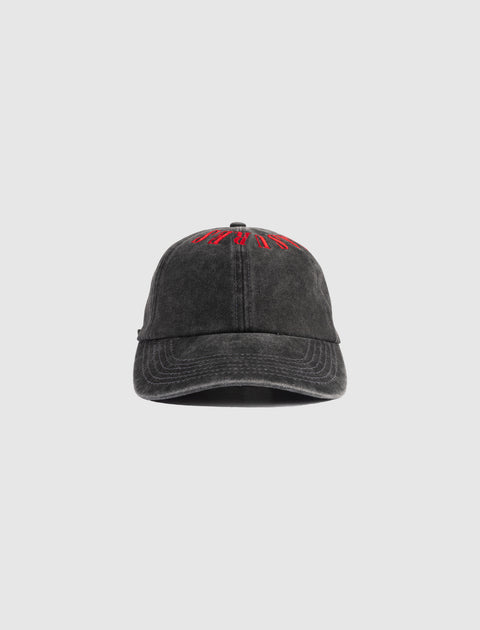 Black distressed baseball cap with red embroidered text on the crown, streetwear accessory