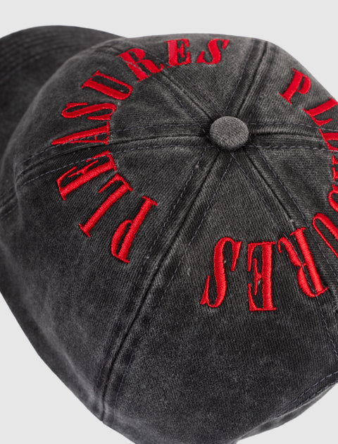 Black denim baseball cap with bold red embroidered text, streetwear accessory