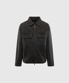 Black streetwear jacket with front zipper, studded collar and pockets, long sleeves