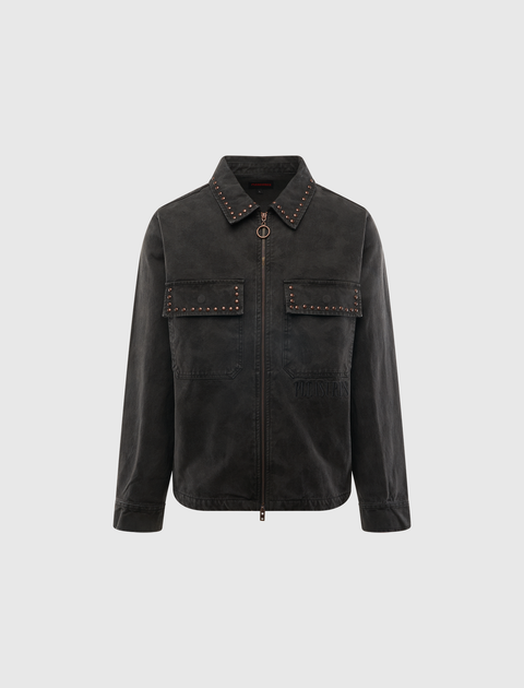 Black streetwear jacket with front zipper, studded collar and pockets, long sleeves