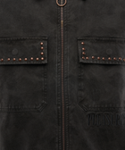 Black men's streetwear jacket with front zipper, studded chest pockets, and subtle embossed text