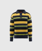 Men's striped knit sweater with yellow, green, navy, and black horizontal stripes and button collar