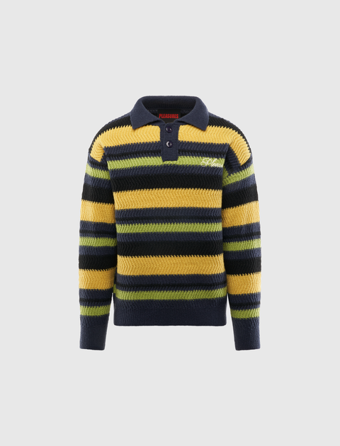 Men's striped knit sweater with yellow, green, navy, and black horizontal stripes and button collar