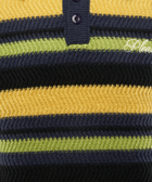 Textured knit polo shirt with yellow, black, and green horizontal stripes and buttons