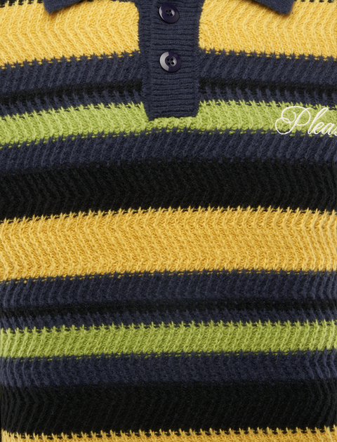 Textured knit polo shirt with yellow, black, and green horizontal stripes and buttons