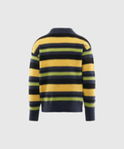 Back view of a knit sweater with yellow, green, navy, and black horizontal stripes