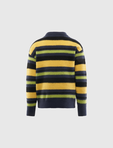 Back view of a knit sweater with yellow, green, navy, and black horizontal stripes