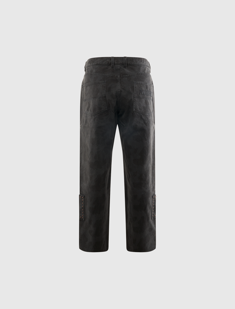 Back view of black men's streetwear pants with patch pockets, subtle camo detail, and grommet accents on legs