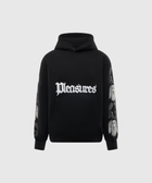 Black streetwear hoodie with Pleasures logo and white angel graphics on sleeves