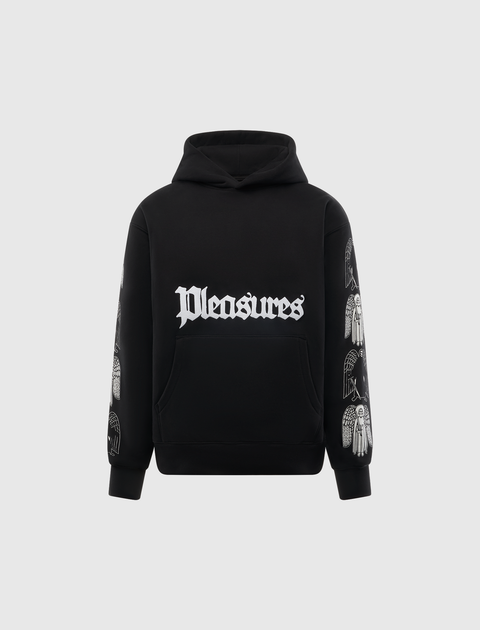 Black streetwear hoodie with Pleasures logo and white angel graphics on sleeves