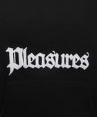 Black hoodie with bold white Pleasures logo in gothic font on front chest