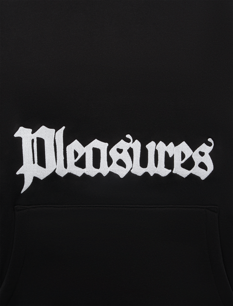 Black hoodie with bold white Pleasures logo in gothic font on front chest